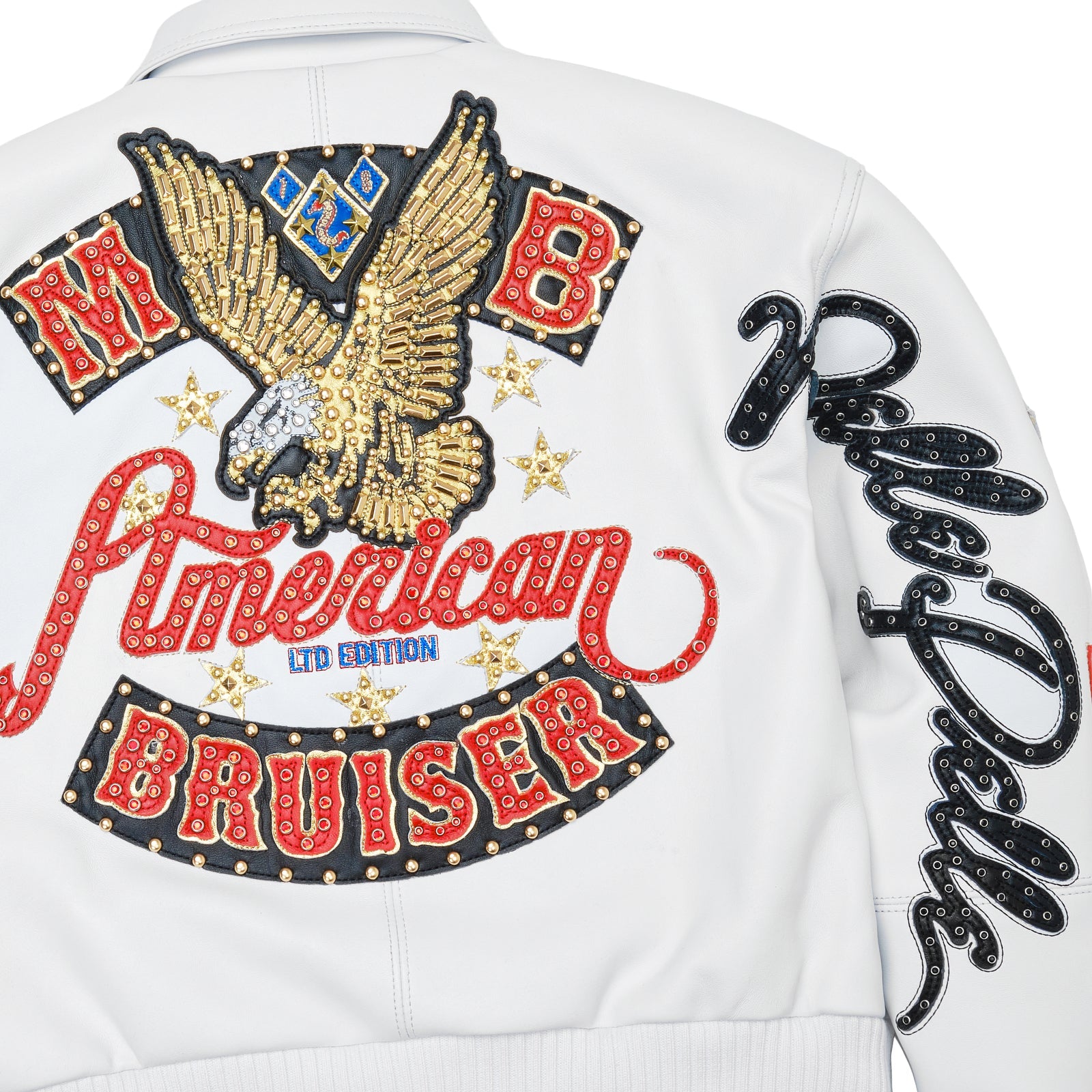 Pelle Pelle White Cowhide Leather Bomber Jacket for Women – Embroidered Varsity Style