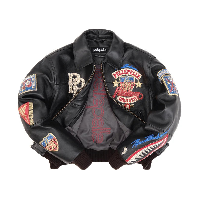 Black Embroidered Bomber Jacket for Women – Premium Cowhide Leather with Pelle Pelle Style Badges & Street Patchwork
