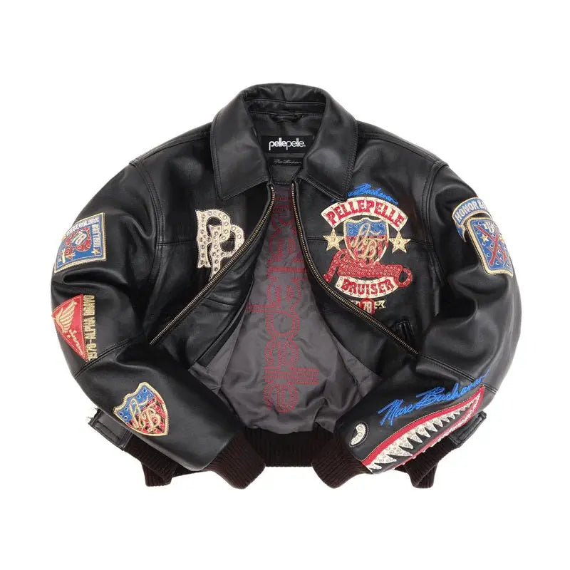 Black Embroidered Bomber Jacket for Women – Premium Cowhide Leather with Pelle Pelle Style Badges & Street Patchwork - Leather taboo