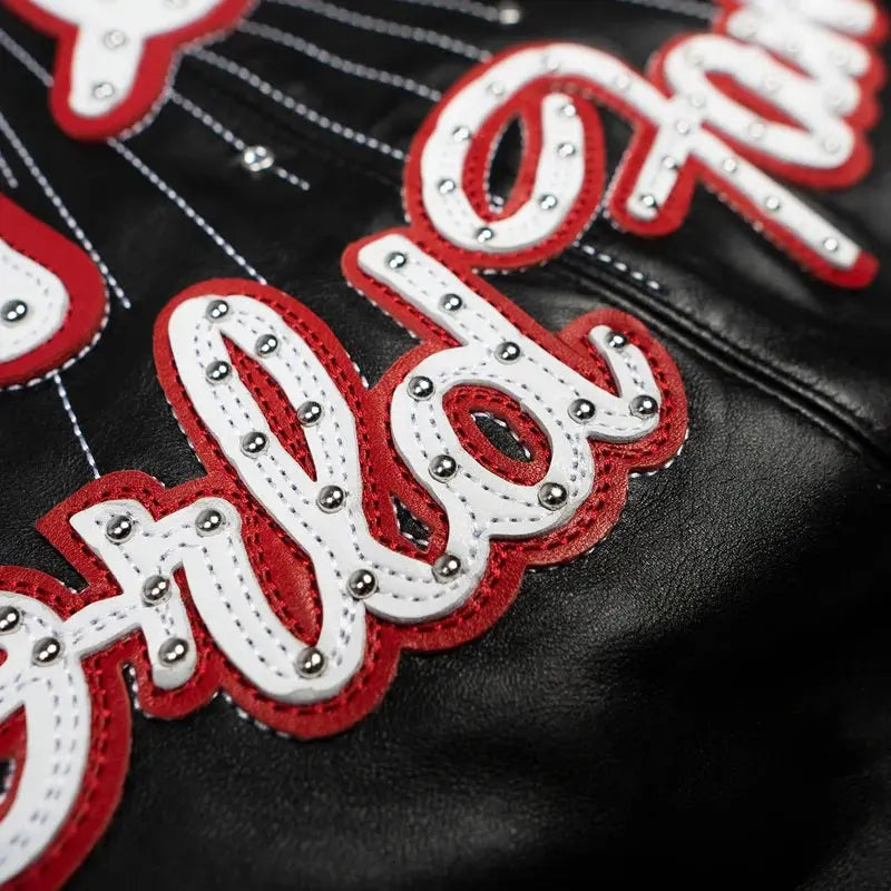 Men's Black Premium Cowhide Leather Jacket – Pelle Pelle Style with Red Trim & Embroidered Logo - Leather taboo