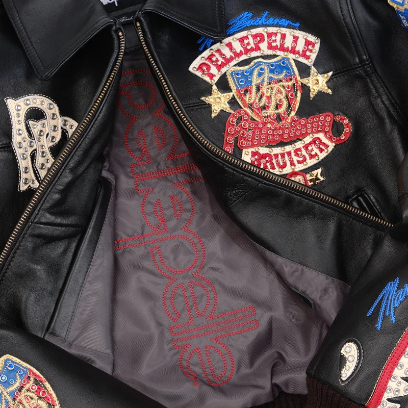 Black Embroidered Bomber Jacket for Women – Premium Cowhide Leather with Pelle Pelle Style Badges & Street Patchwork