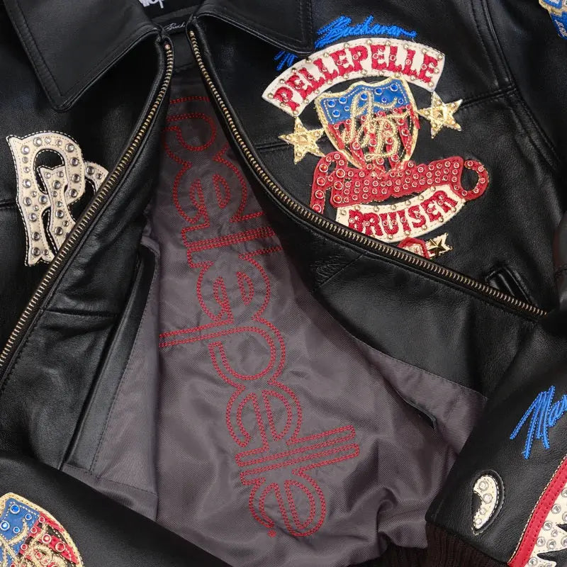 Black Embroidered Bomber Jacket for Women – Premium Cowhide Leather with Pelle Pelle Style Badges & Street Patchwork - Leather taboo