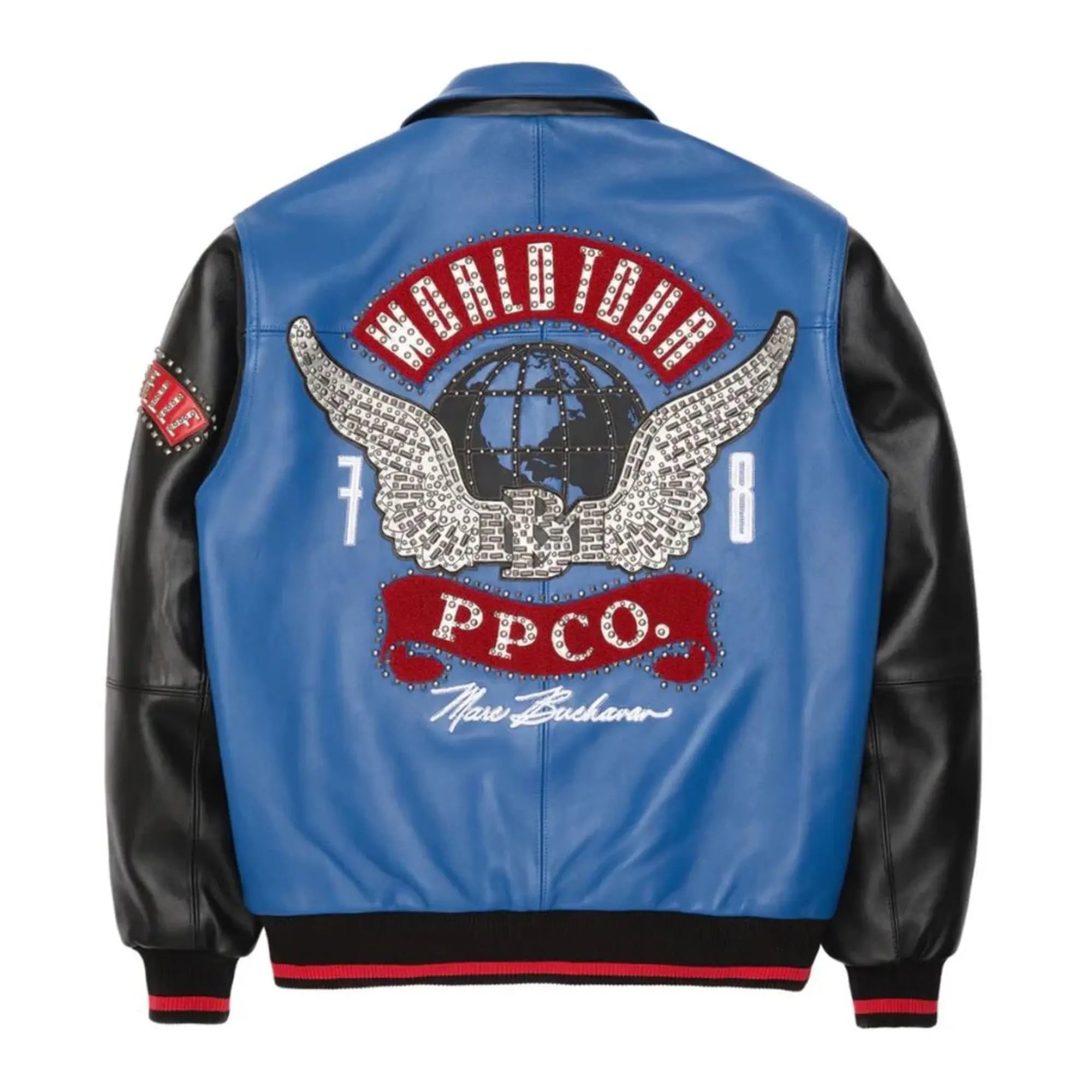 Premium Pelle Pelle Menโs Blue and Black Cowhide Leather Jacket | Bold Logo Patch with Modern Streetwear Design - Leather taboo