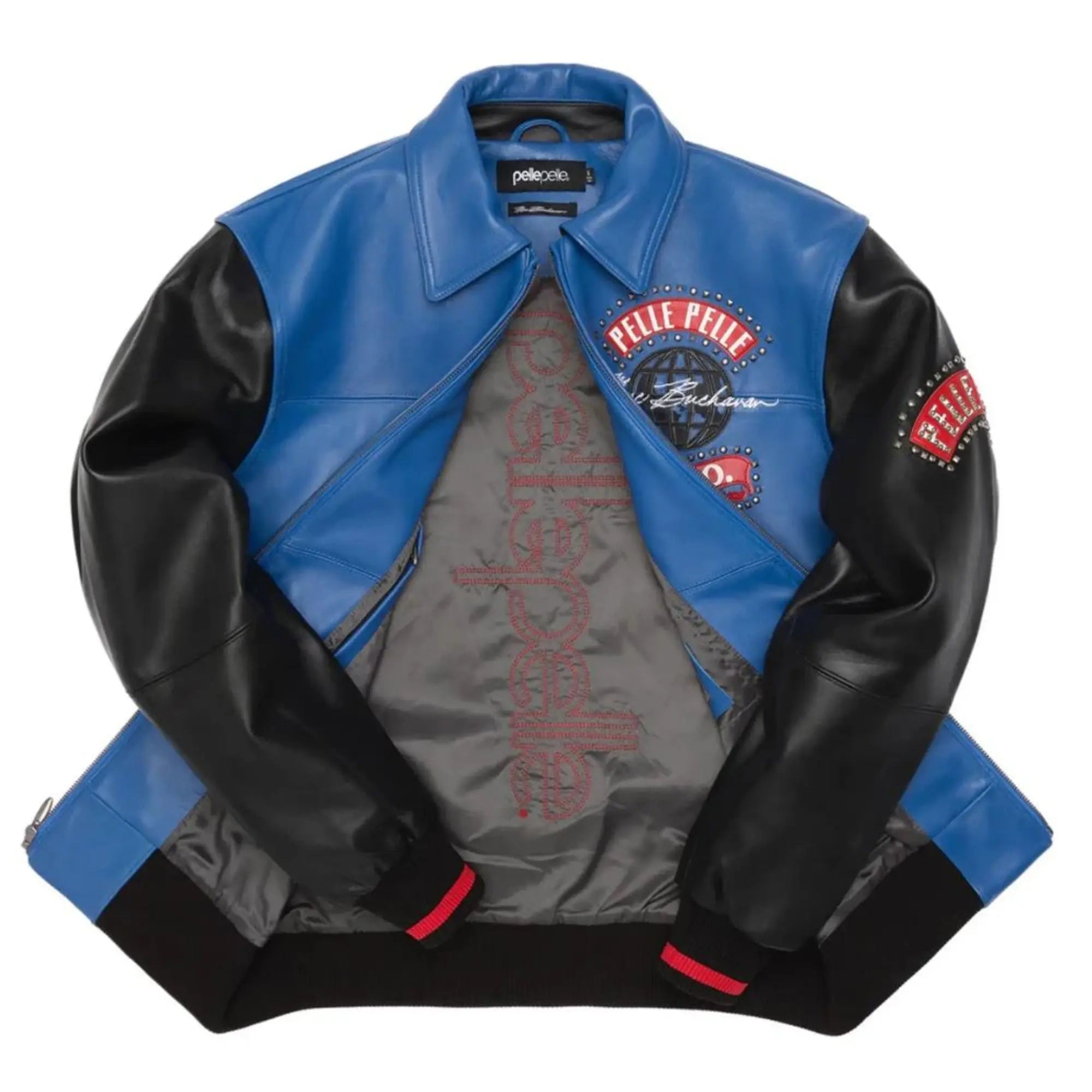Premium Pelle Pelle Men’s Blue and Black Cowhide Leather Jacket | Bold Logo Patch with Modern Streetwear Design - Leather taboo