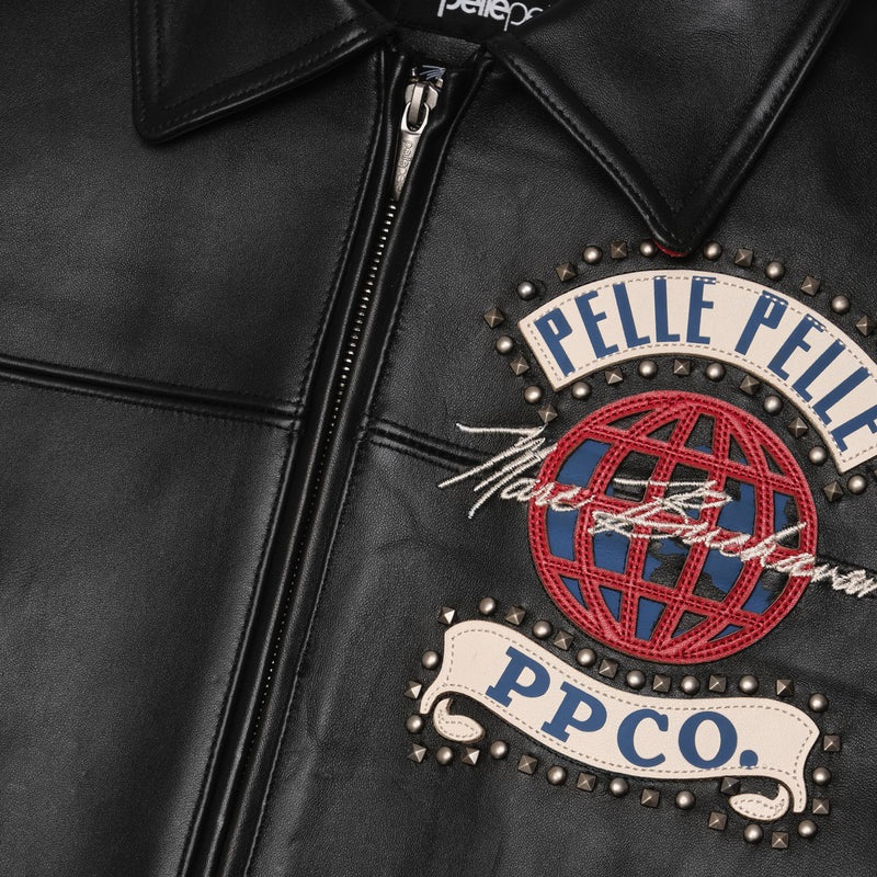 Men’s Premium Black & Red Cowhide Leather Jacket – Pelle Pelle Globe Logo & Studded Patch