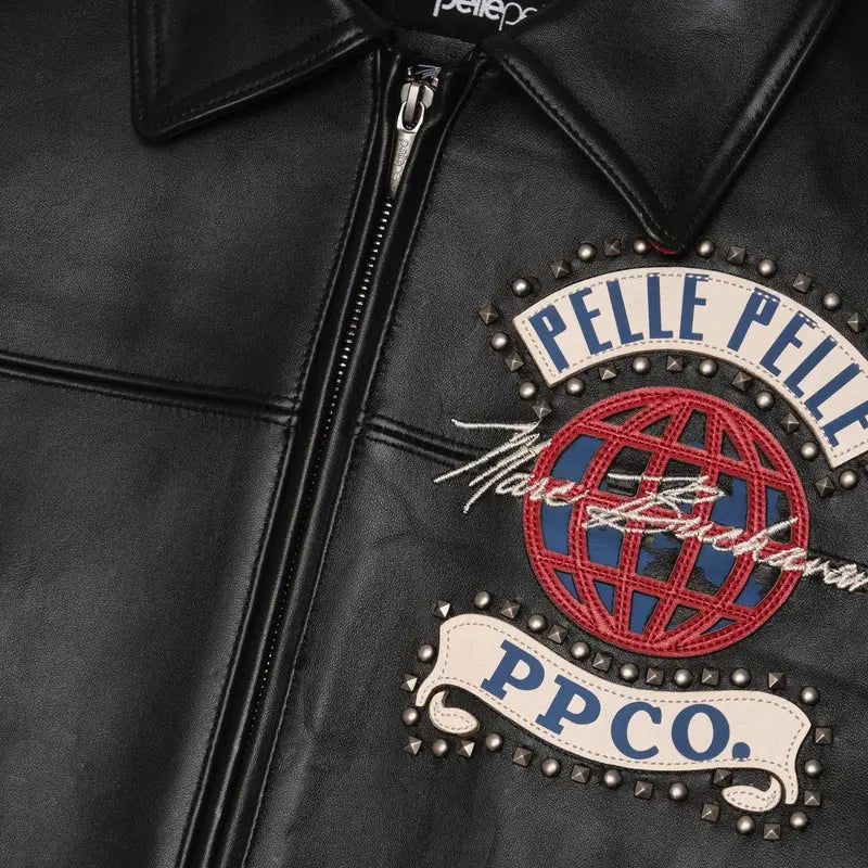 Men’s Premium Black & Red Cowhide Leather Jacket – Pelle Pelle Globe Logo & Studded Patch - Leather taboo