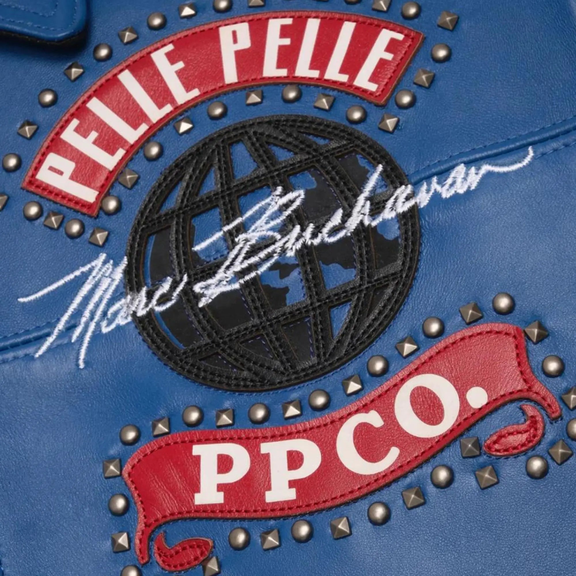 Premium Pelle Pelle Men’s Blue and Black Cowhide Leather Jacket | Bold Logo Patch with Modern Streetwear Design - Leather taboo