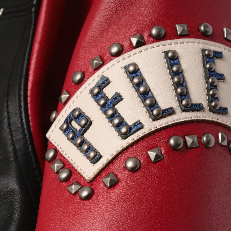 Men’s Premium Black & Red Cowhide Leather Jacket – Pelle Pelle Globe Logo & Studded Patch