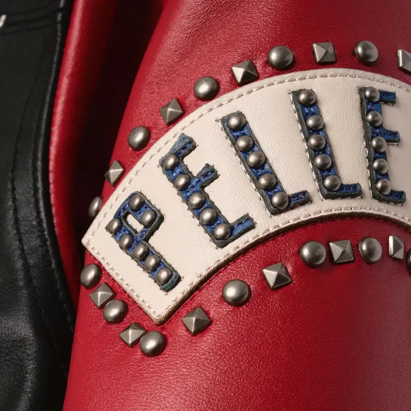 Men’s Premium Black & Red Cowhide Leather Jacket – Pelle Pelle Globe Logo & Studded Patch - Leather taboo