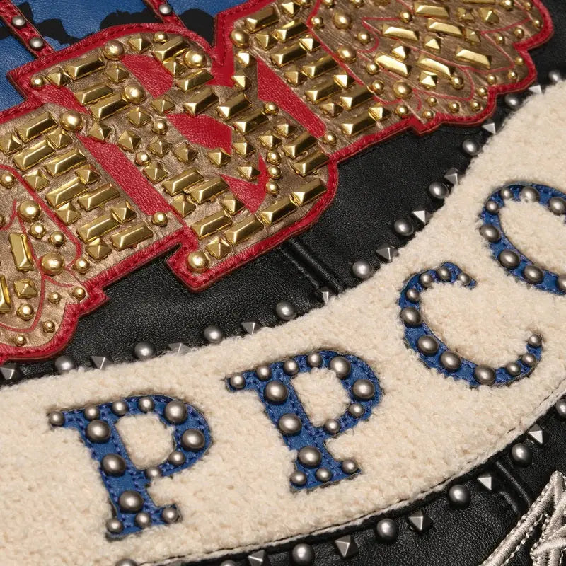 Men’s Premium Black & Red Cowhide Leather Jacket – Pelle Pelle Globe Logo & Studded Patch - Leather taboo