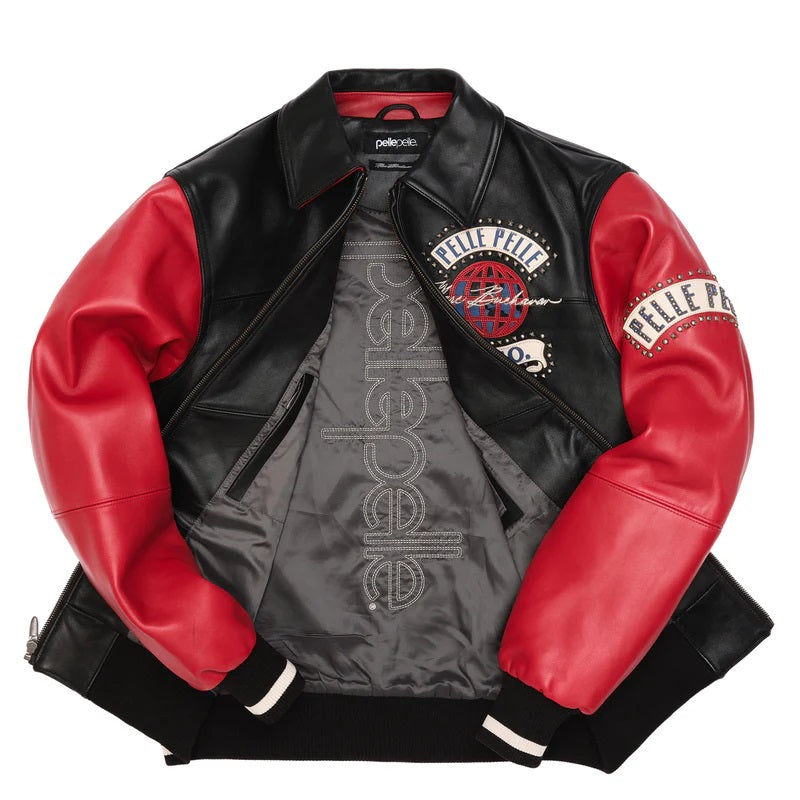Men’s Premium Black & Red Cowhide Leather Jacket – Pelle Pelle Globe Logo & Studded Patch