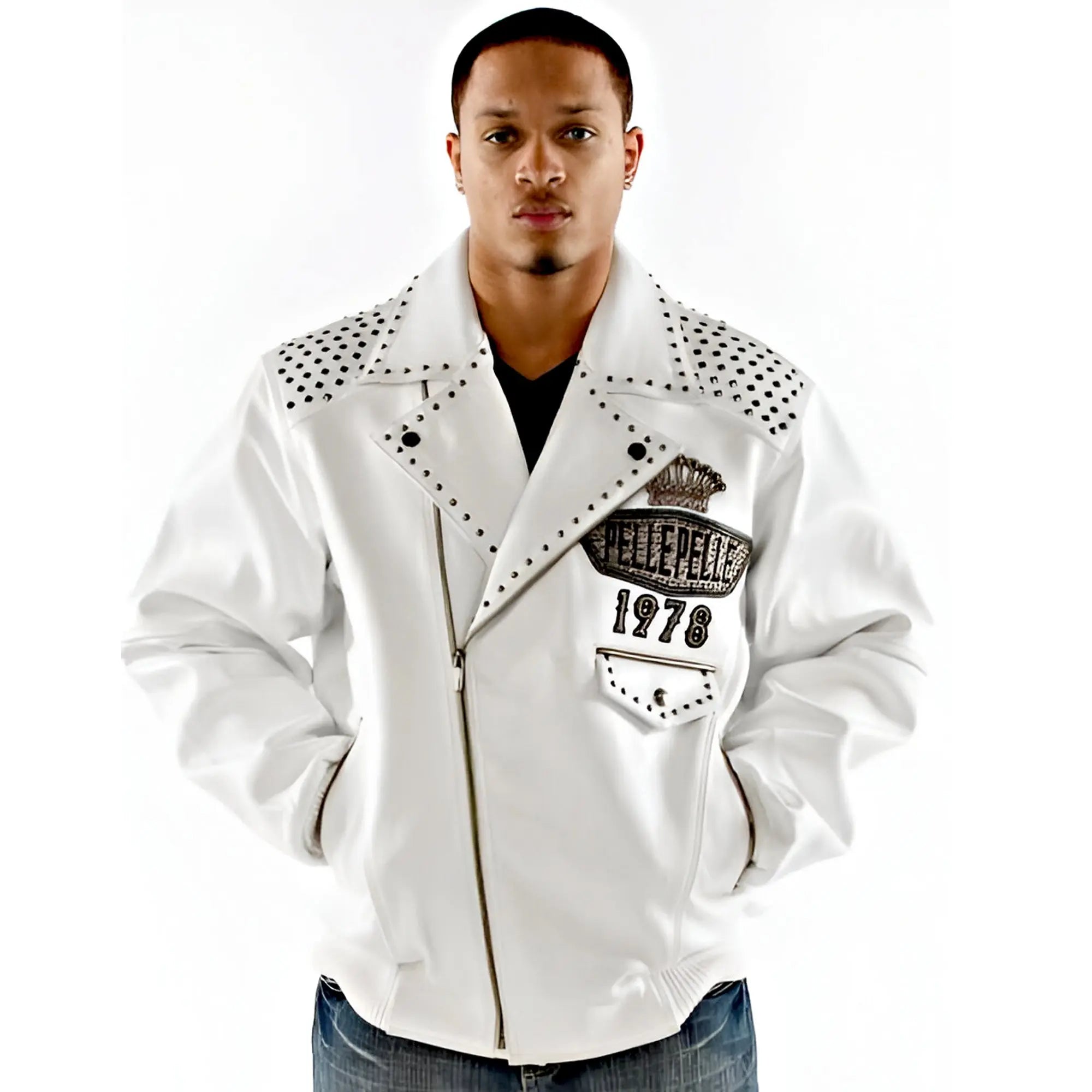 Men's White Pelle Pelle 1978 Studded Premium Cowhide Leather Jacket - Leather taboo