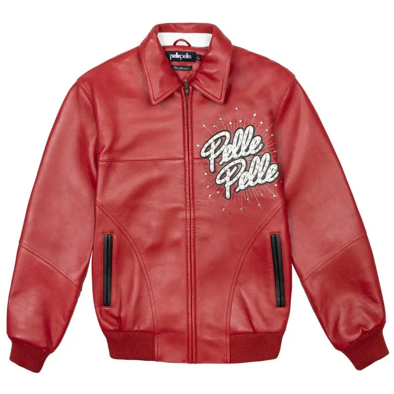 Menโs Red Pelle Pelle Leather Jacket โ Premium Cowhide with Embroidered Logo - Leather taboo