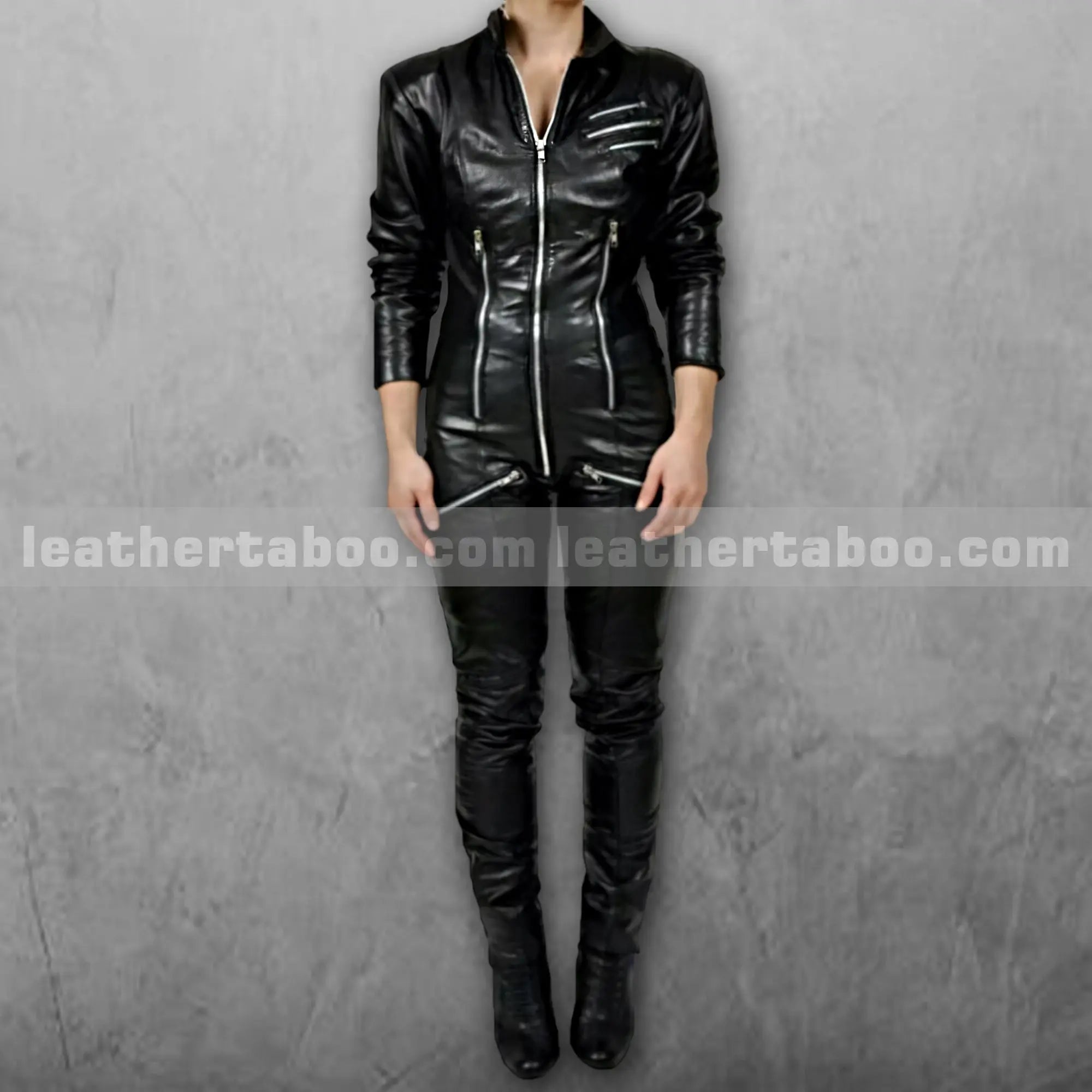 Women’s Genuine Sheepskin Leather Catsuit – Zip-Up PU Jumpsuit | Black Biker Costume for Cosplay or Clubwear - Leather taboo