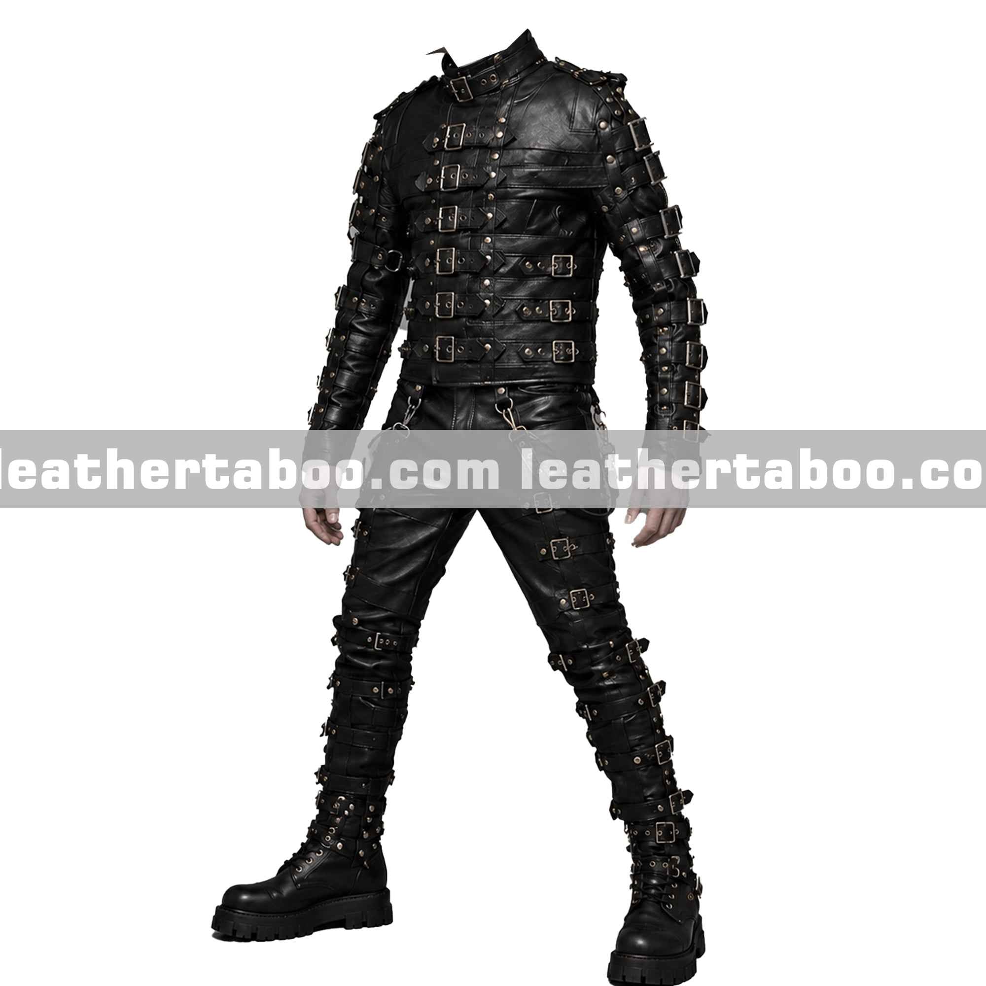 Menโs Cowhide Leather Bondage Harness Outfit with Buckles, Gothic Full Body Costume, Custom Fit