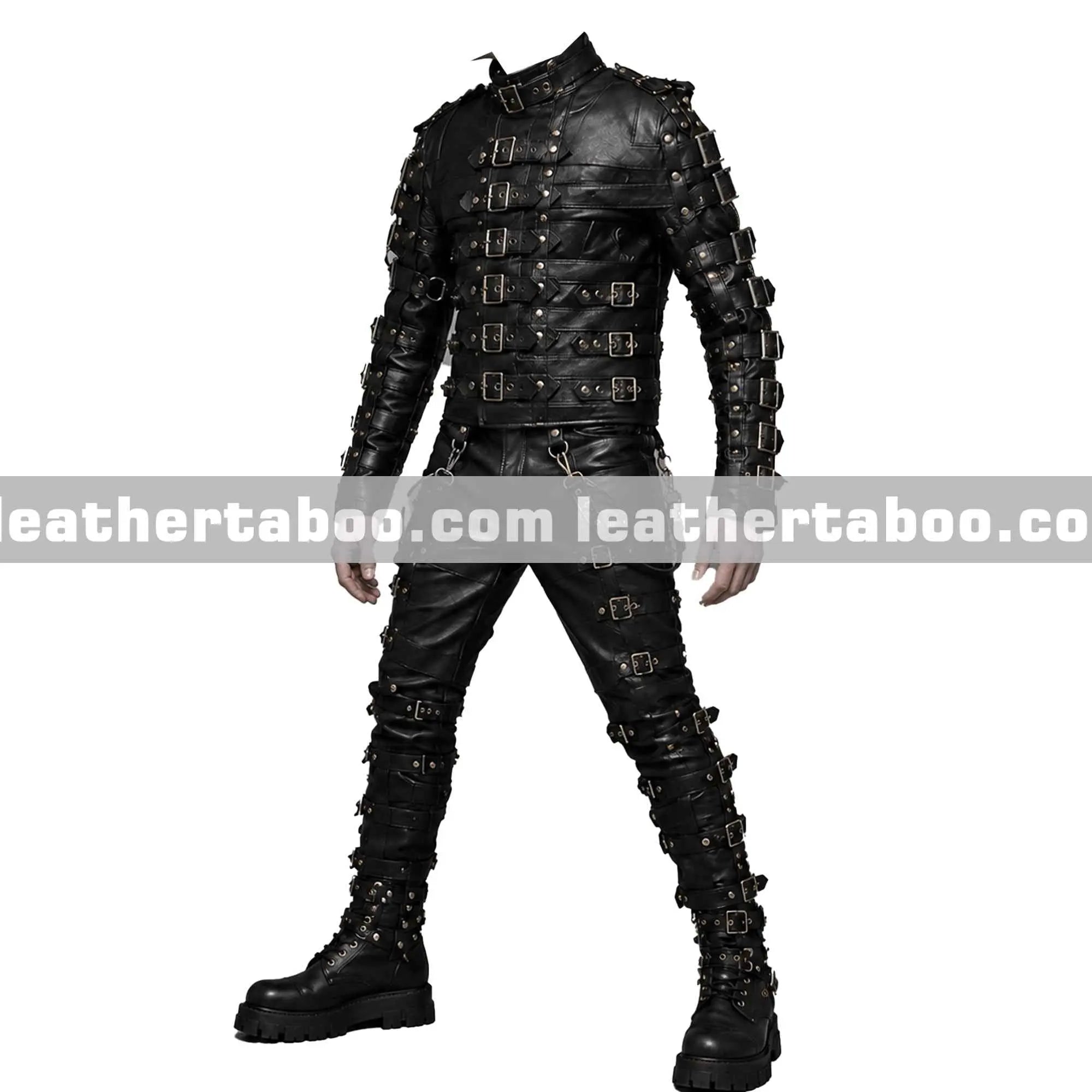 Menโs Cowhide Leather Bondage Harness Outfit with Buckles, Gothic Full Body Costume, Custom Fit
