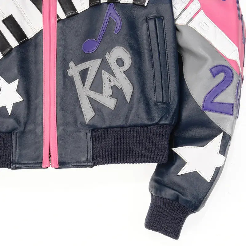 Retro Pink & Navy Music-Themed Cowhide Leather Jacket for Women โ Limited Edition Pelle Pelle Style - Leather taboo