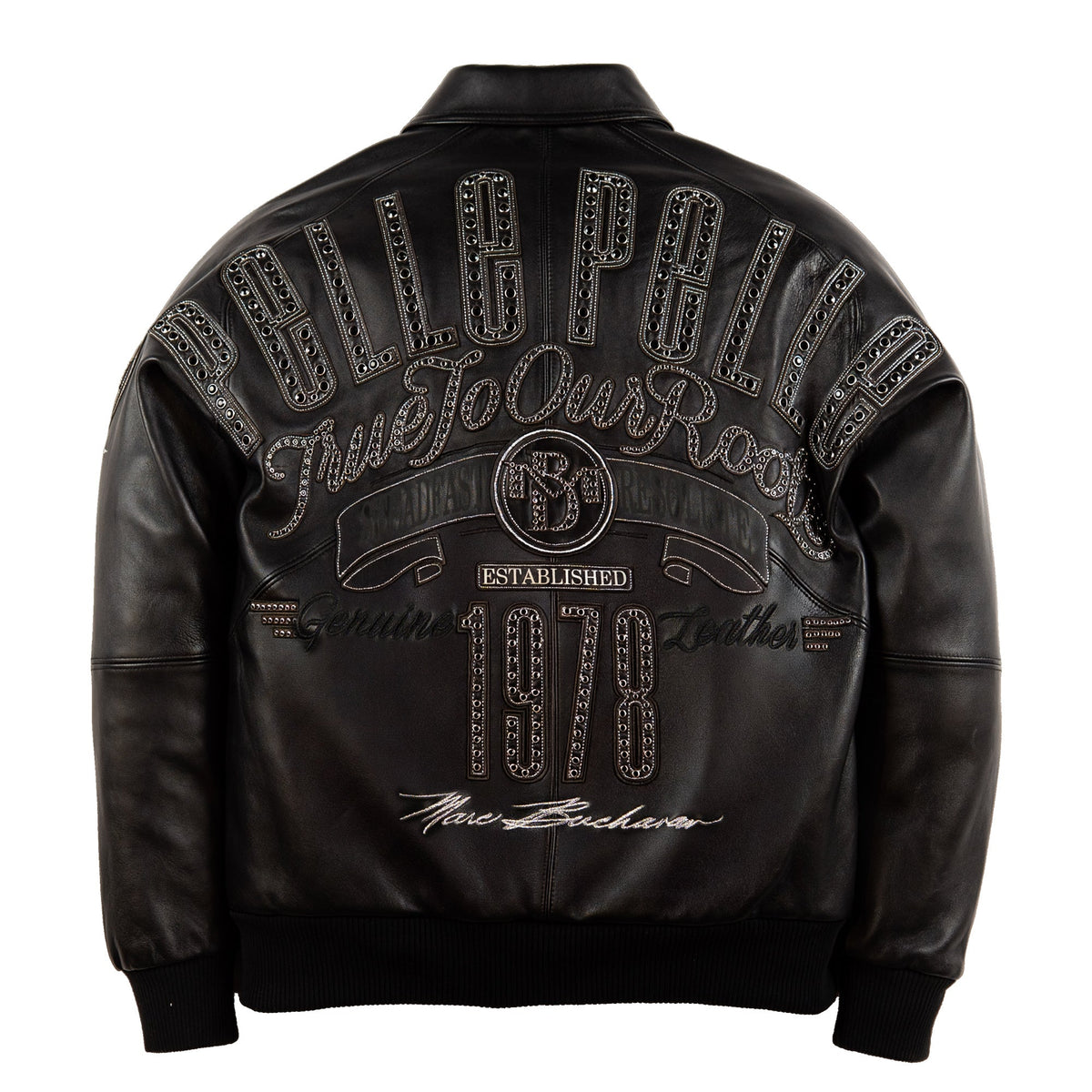 Black leather jacket with studded Pelle Pelle lettering, True To Our Roots script, crest and large 1978 back design