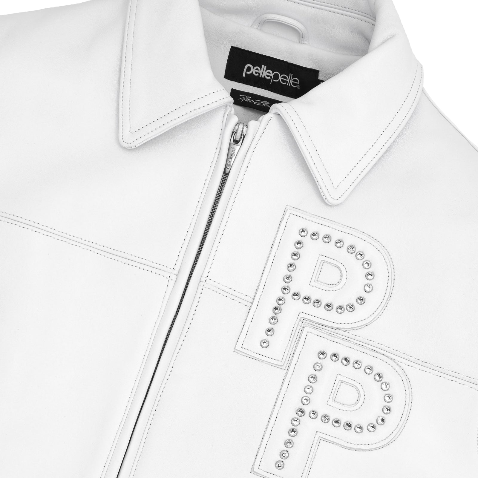 Men's white Premium Cowhide Leather Jacket – Pelle Pelle Style with Red Trim & Embroidered Logo