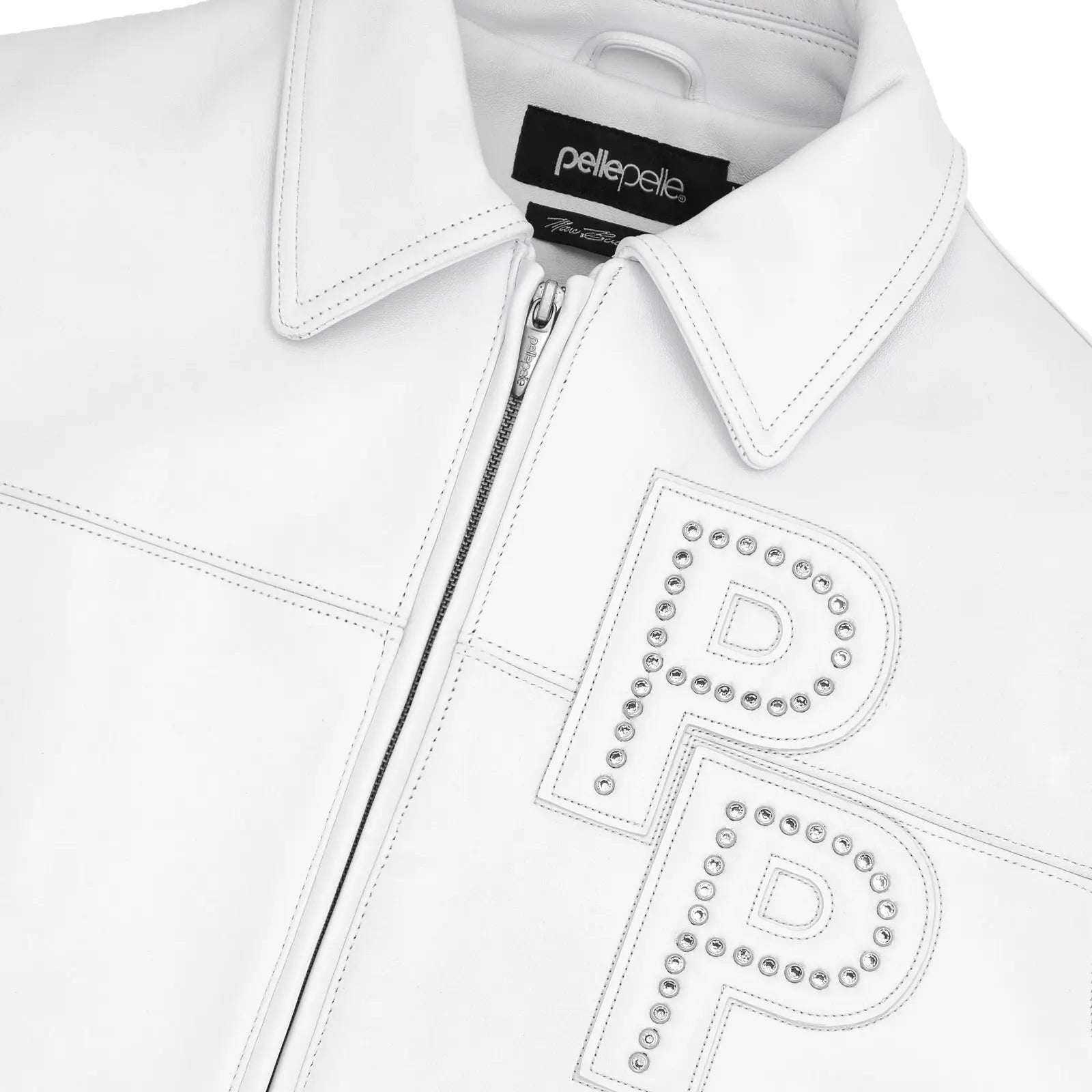 Men's white Premium Cowhide Leather Jacket – Pelle Pelle Style with Red Trim & Embroidered Logo - Leather taboo