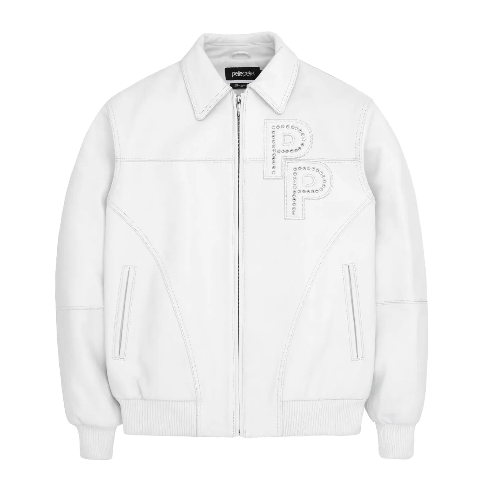 Men's white Premium Cowhide Leather Jacket โ Pelle Pelle Style with Red Trim & Embroidered Logo - Leather taboo