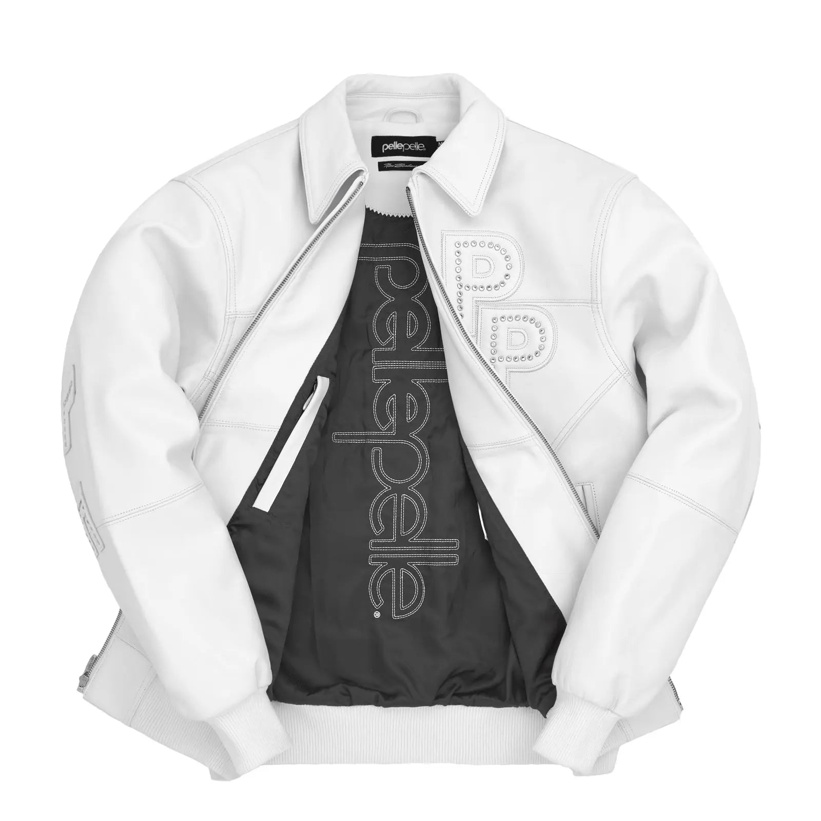 Men's white Premium Cowhide Leather Jacket – Pelle Pelle Style with Red Trim & Embroidered Logo - Leather taboo