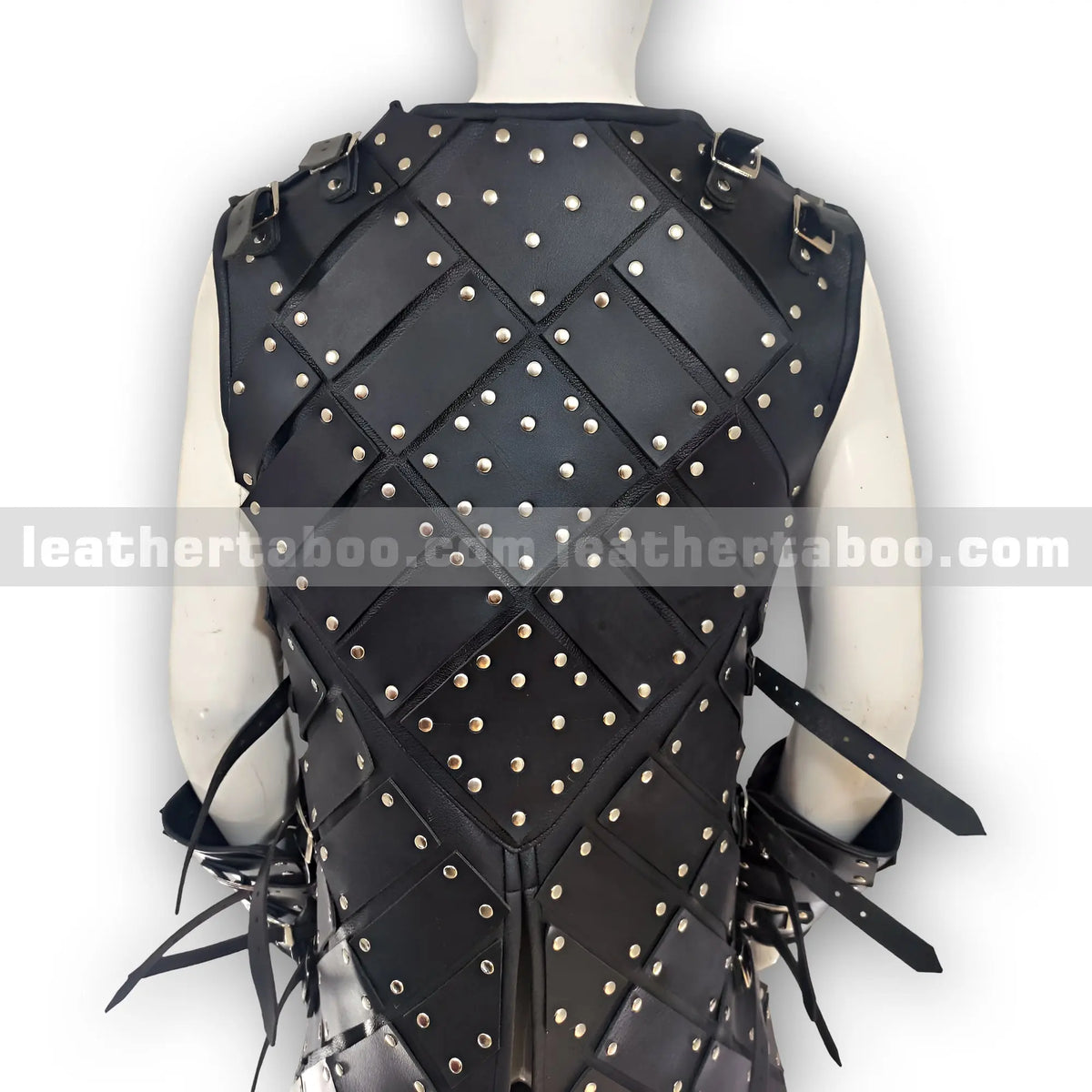 Black Studded Leather Warrior Armor Vest with Arm Bracers – Medieval Style Costume for Men - Leather taboo