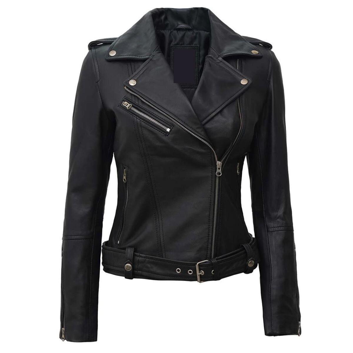 Women's Real Genuine Black Leather Motorcycle Jacket - Slim Crop Biker Jacket