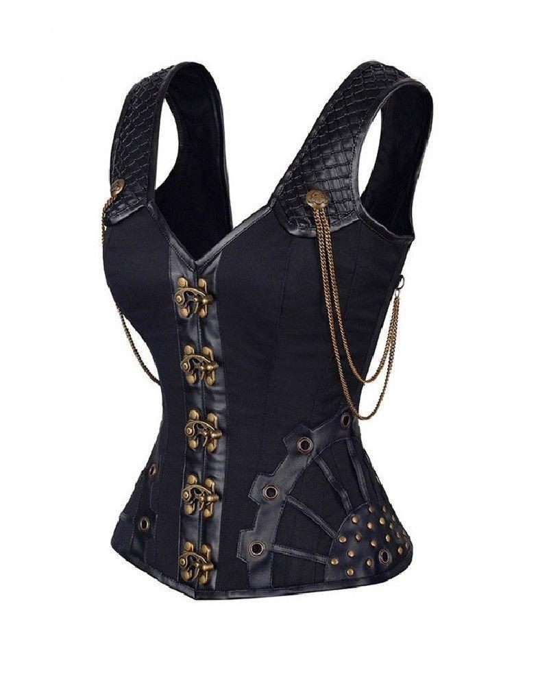 Sexy Straps V Neck Over Bust & Under Bust Waist Steampunk Gothic Cincher Leather Corset