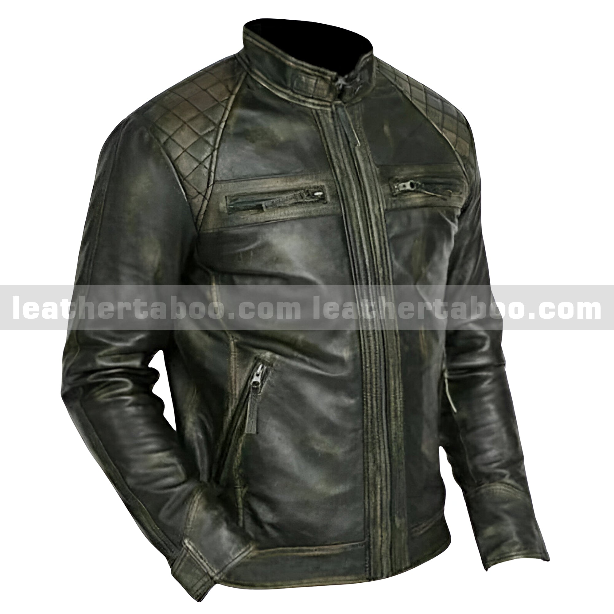 Distressed Black Leather Jacket – Premium Cowhide with Quilted Shoulders