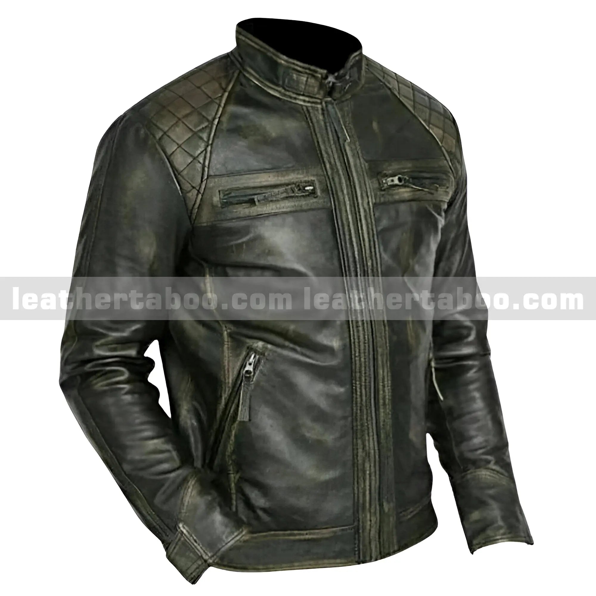 Distressed Black Leather Jacket โ Premium Cowhide with Quilted Shoulders - Leather taboo