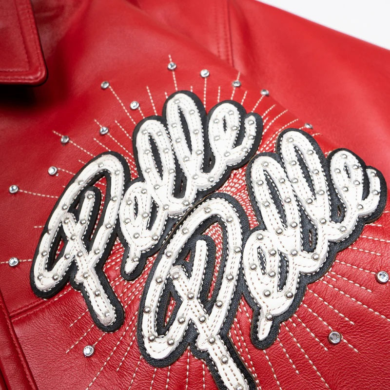 Men’s Red Pelle Pelle Leather Jacket – Premium Cowhide with Embroidered Logo