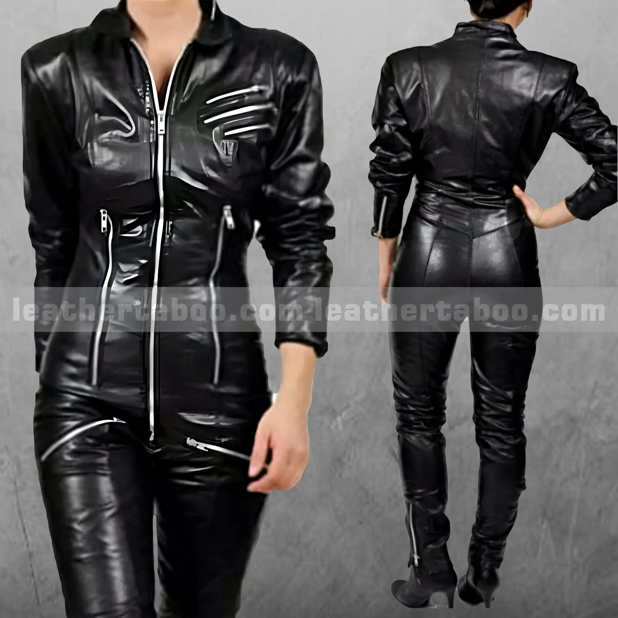 Women’s Genuine Sheepskin Leather Catsuit – Zip-Up PU Jumpsuit | Black Biker Costume for Cosplay or Clubwear - Leather taboo