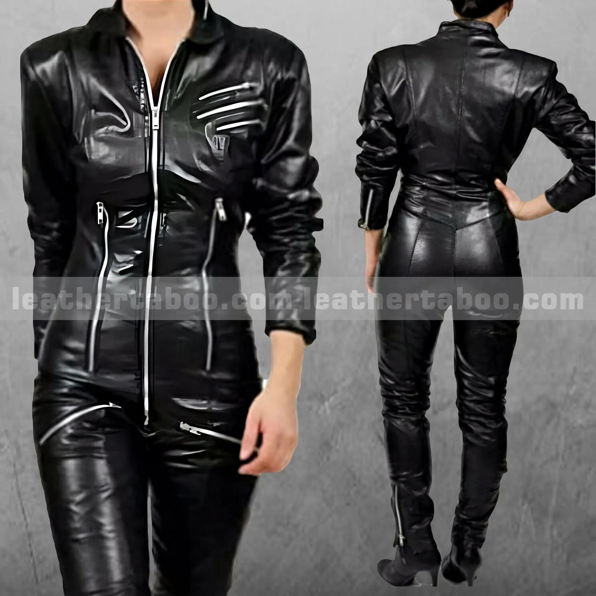 Women’s Genuine Sheepskin Leather Catsuit – Zip-Up PU Jumpsuit | Black Biker Costume for Cosplay or Clubwear - Leather taboo