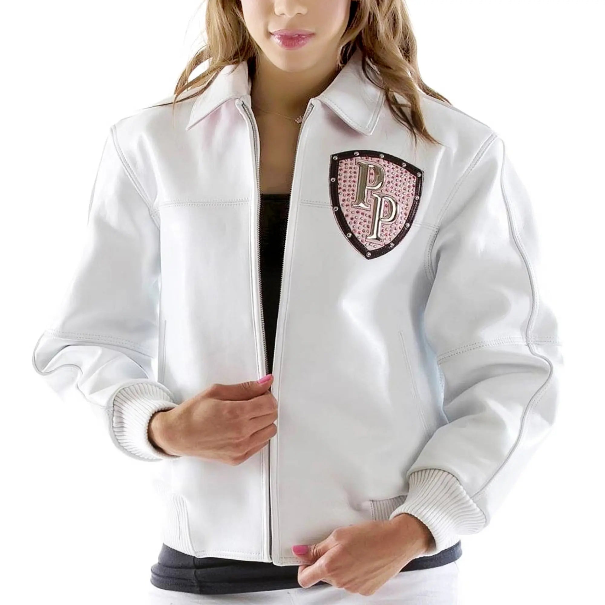 Women's Premium Pelle Pelle Pink Studded PP Shield Cowhide White Leather Jacket - Leather taboo