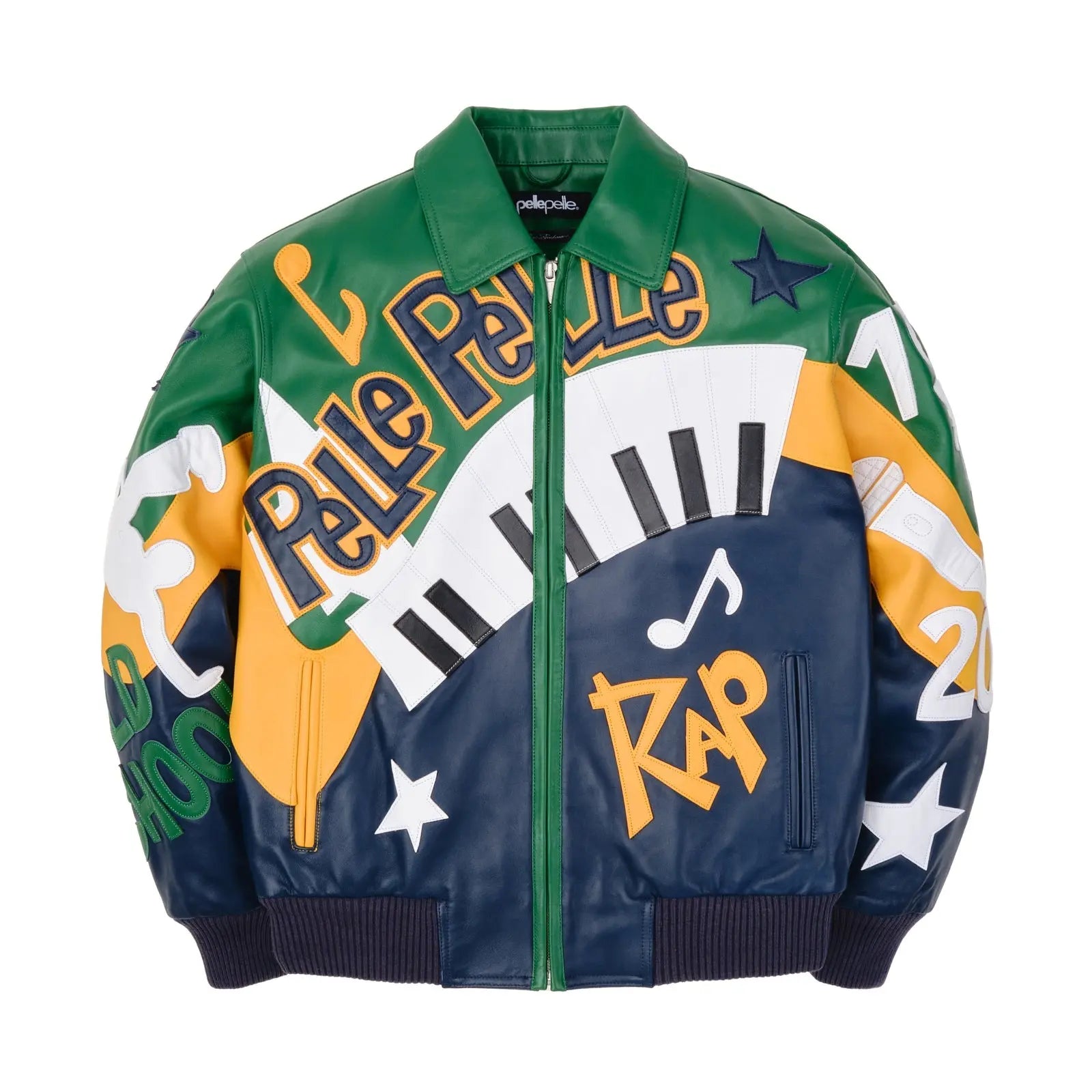 Menโs Pelle Pelle 50 Years of Hip Hop Jacket โ Premium Cowhide Leather Bomber in Green & Navy with Bold Rap-Inspired Graphics - Leather taboo
