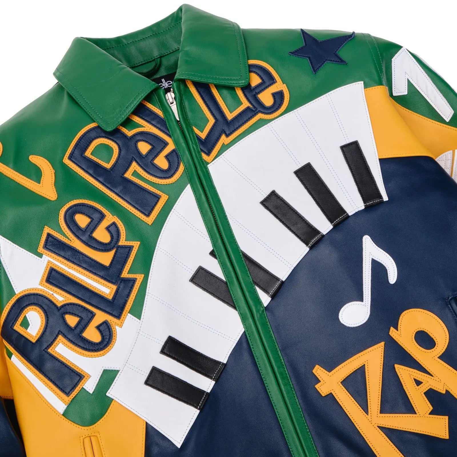 Menโs Pelle Pelle 50 Years of Hip Hop Jacket โ Premium Cowhide Leather Bomber in Green & Navy with Bold Rap-Inspired Graphics - Leather taboo