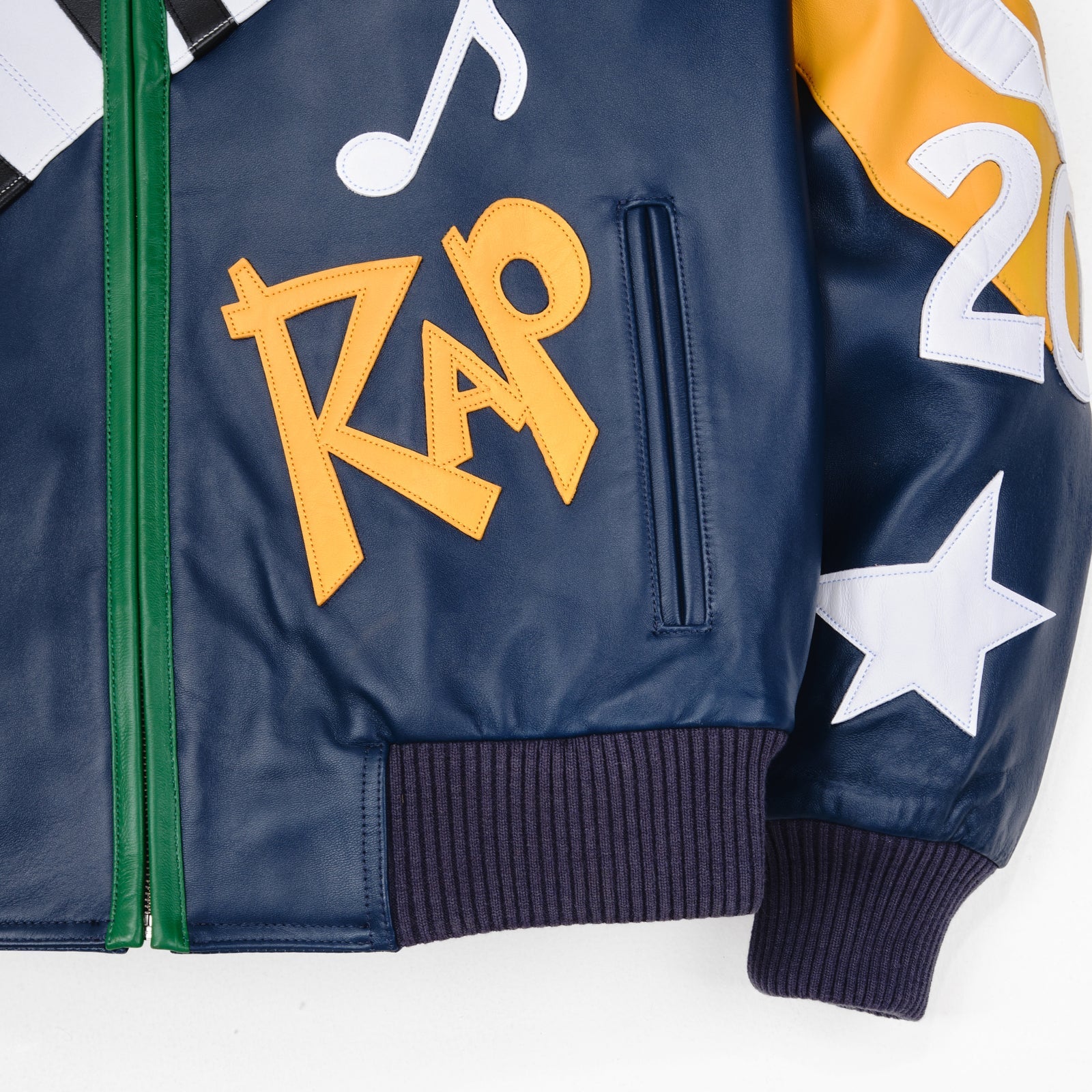 Men’s Pelle Pelle 50 Years of Hip Hop Jacket – Premium Cowhide Leather Bomber in Green & Navy with Bold Rap-Inspired Graphics