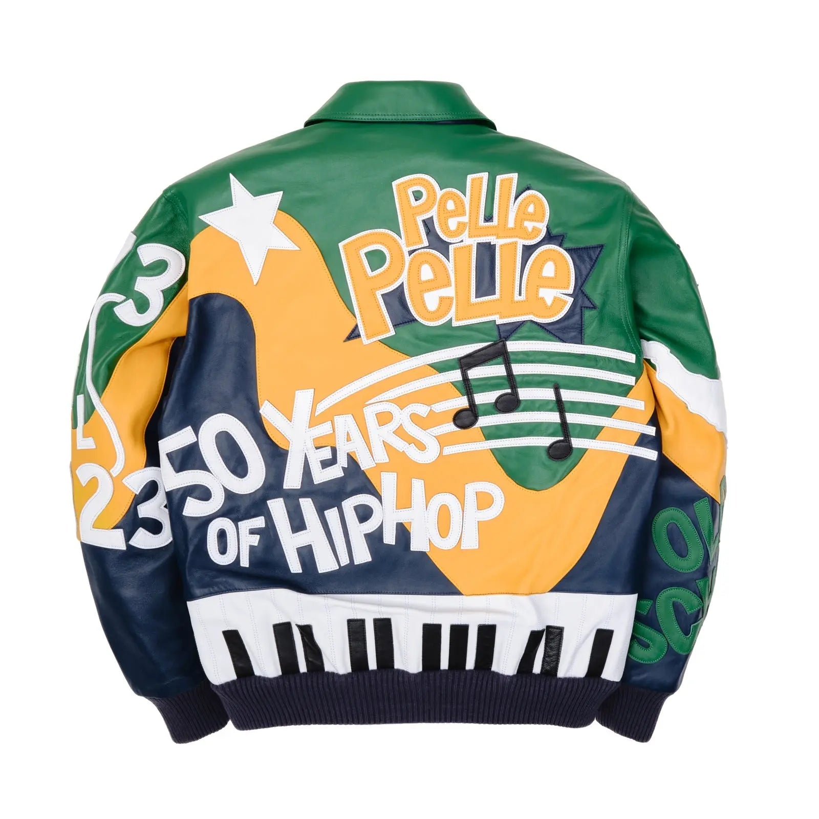 Men’s Pelle Pelle 50 Years of Hip Hop Jacket – Premium Cowhide Leather Bomber in Green & Navy with Bold Rap-Inspired Graphics - Leather taboo