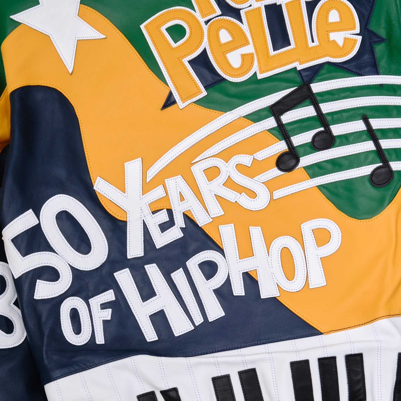 Men’s Pelle Pelle 50 Years of Hip Hop Jacket – Premium Cowhide Leather Bomber in Green & Navy with Bold Rap-Inspired Graphics