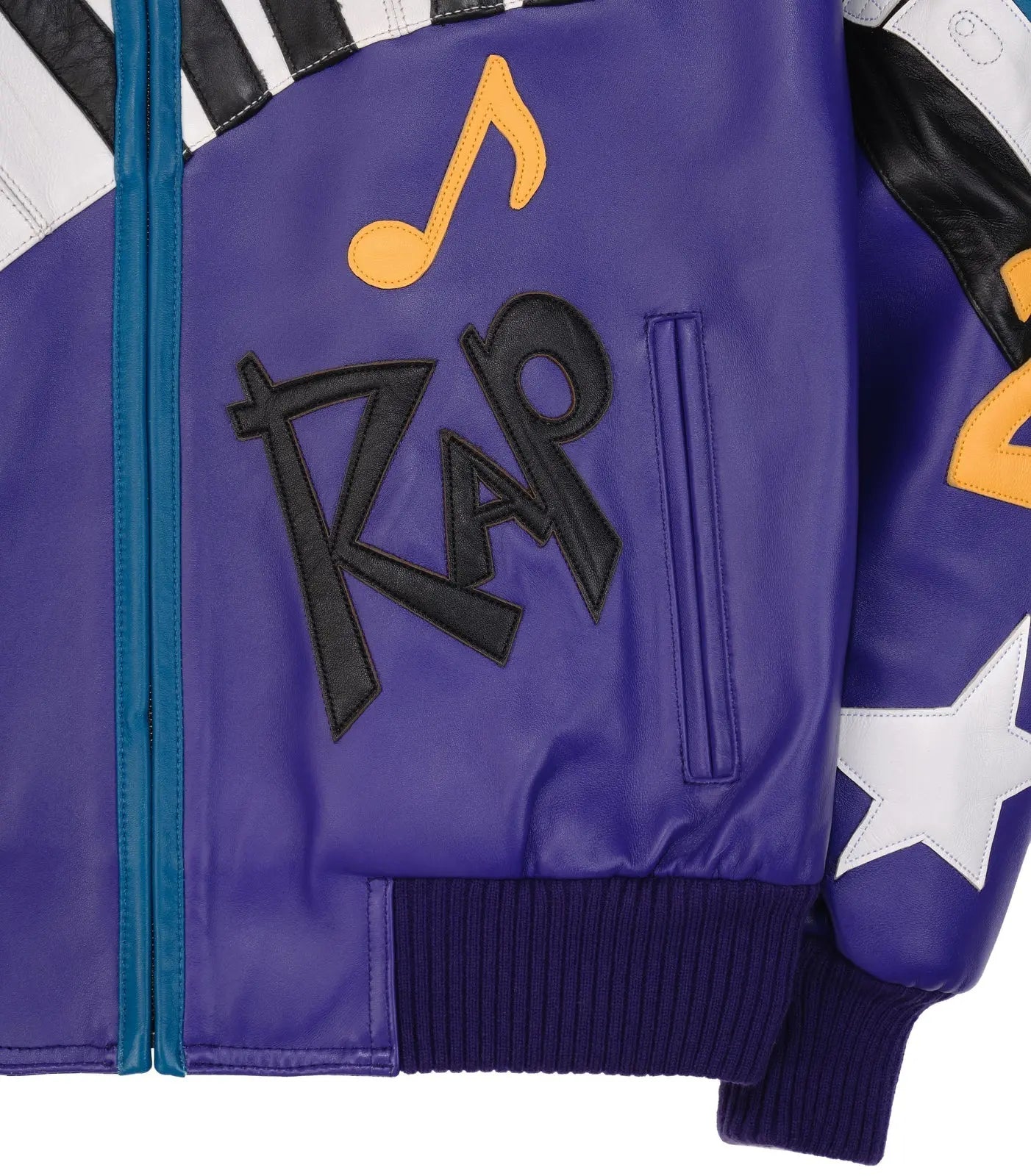 Men’s Pelle Pelle 50 Years of Hip Hop Leather Jacket – Purple & Blue Cowhide Bomber with Bold Music Graphics - Leather taboo