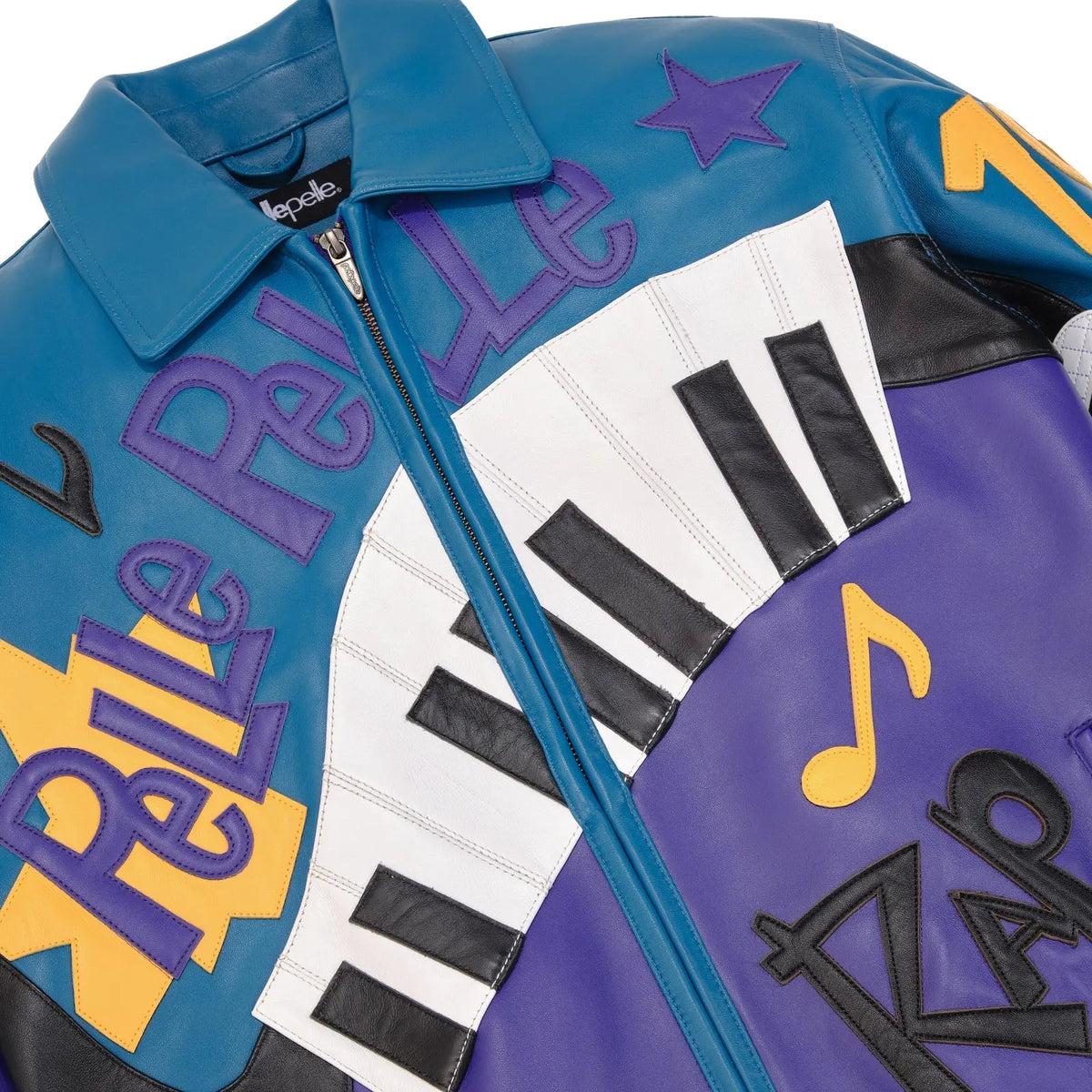 Men’s Pelle Pelle 50 Years of Hip Hop Leather Jacket – Purple & Blue Cowhide Bomber with Bold Music Graphics - Leather taboo