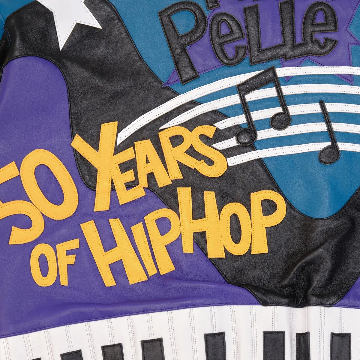 Men’s Pelle Pelle 50 Years of Hip Hop Leather Jacket – Purple & Blue Cowhide Bomber with Bold Music Graphics - Leather taboo