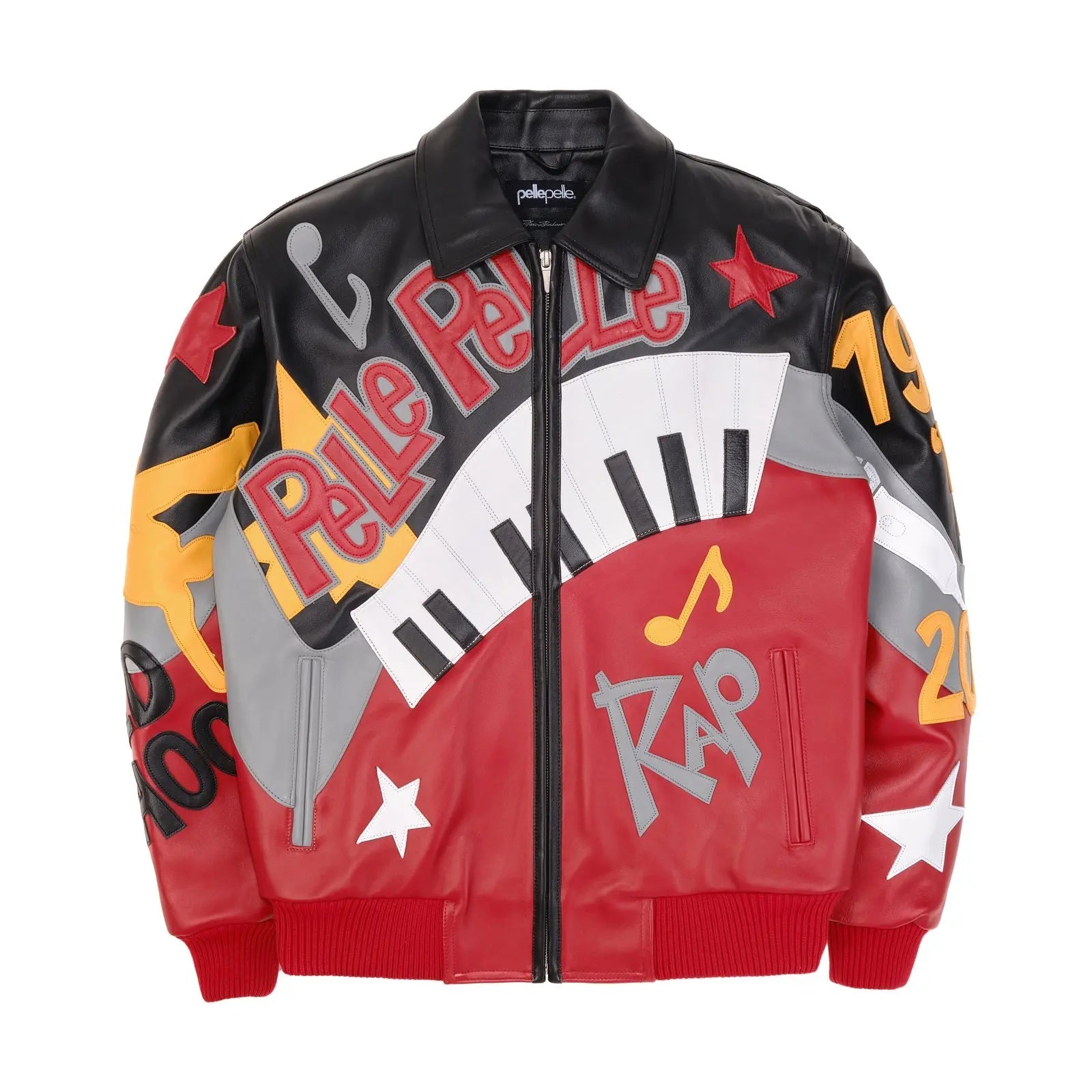 Menโs Pelle Pelle 50 Years of Hip Hop Red Leather Jacket โ Premium Cowhide Bomber with Music-Inspired Graphics & Street Style Vibes - Leather taboo