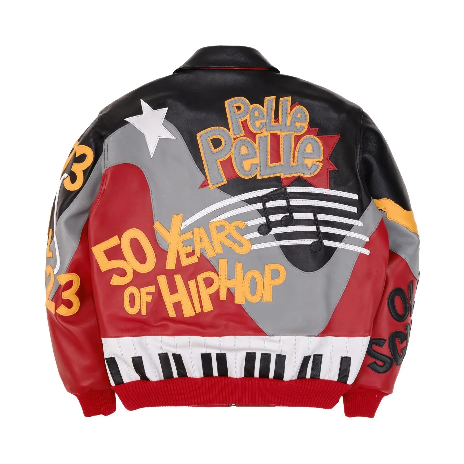 Menโs Pelle Pelle 50 Years of Hip Hop Red Leather Jacket โ Premium Cowhide Bomber with Music-Inspired Graphics & Street Style Vibes - Leather taboo