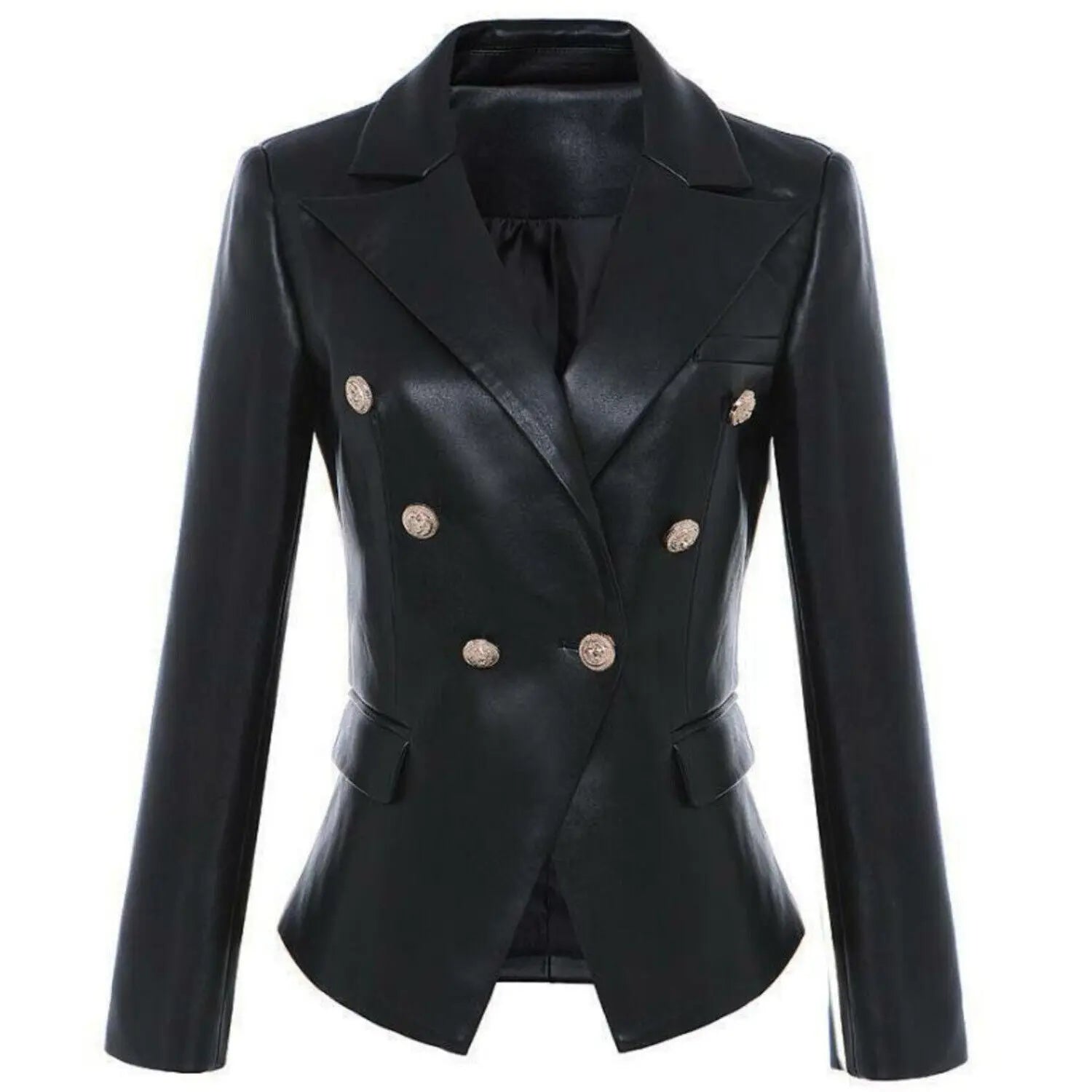 Women's Handmade Double Breasted Leather Coat Stylish Gold Buttons Casual Jacket