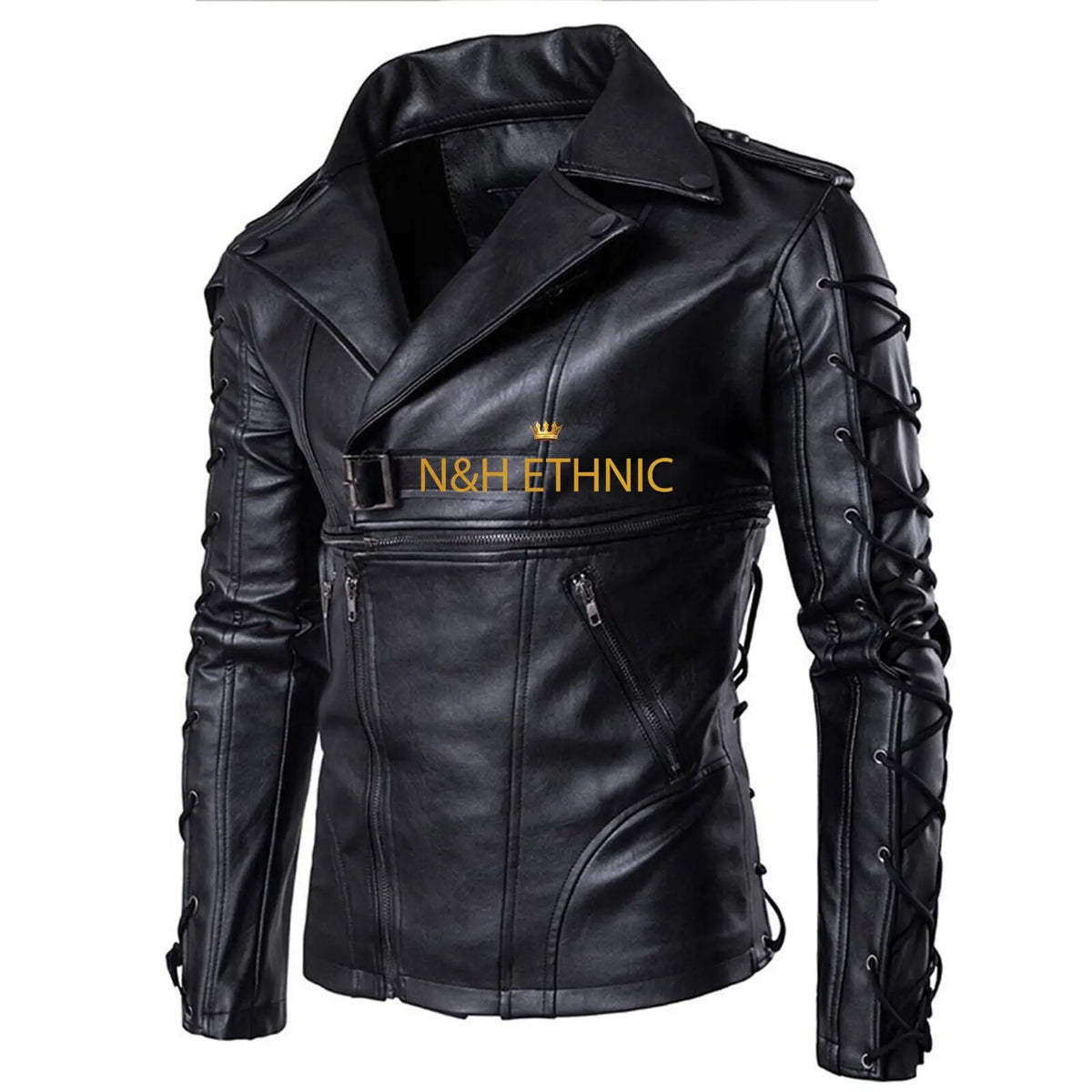 Men’s Laced Military Gothic Leather Jacket Black & Red Zip-Up Slim Fit Biker Style Coat – Premium Statement Outerwear