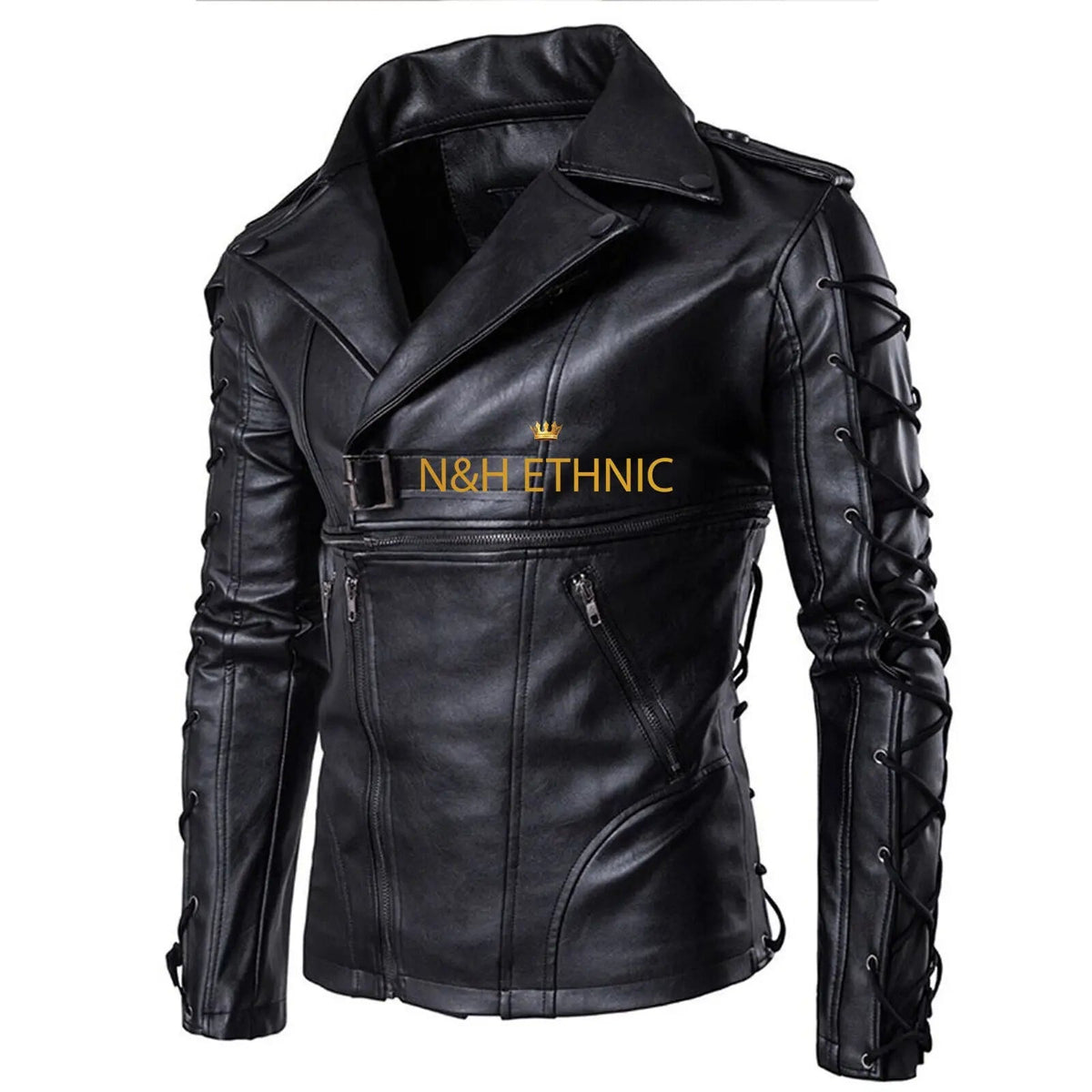 Men’s Laced Military Gothic Leather Jacket Black & Red Zip-Up Slim Fit Biker Style Coat – Premium Statement Outerwear