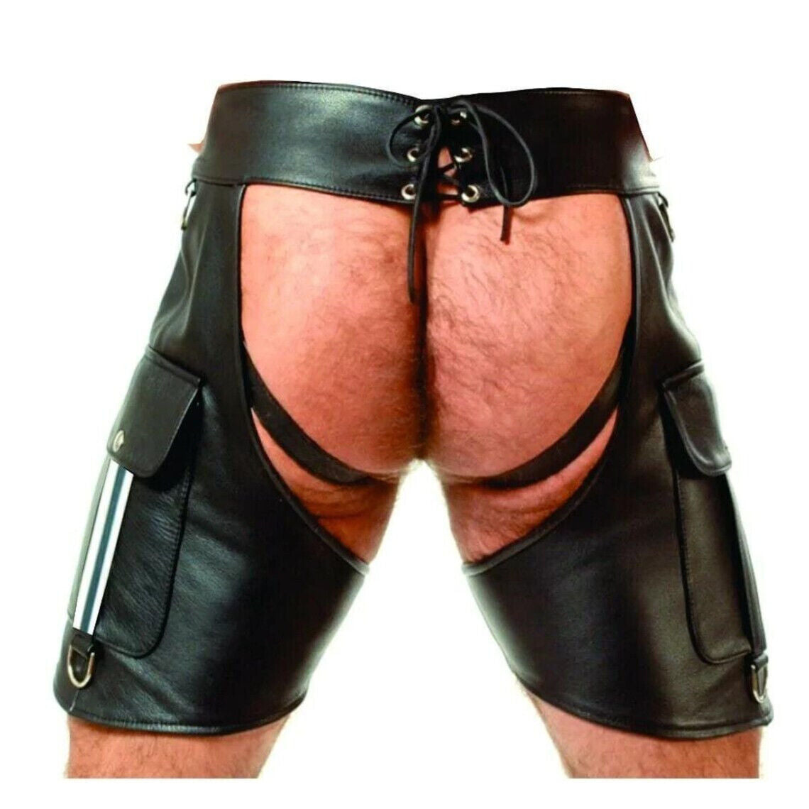 Exclusive Premium Men 100% Genuine Cow Leather Chap Rider Chaps Shorts In Black
