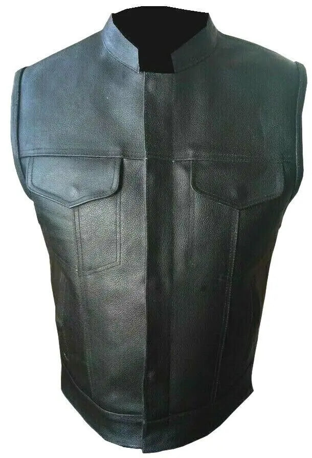Son Of Anarchy Black Real Leather Motorcycle Vest - Cafe Racer Biker Jacket